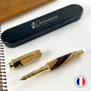 Stylo plume bois précieux et résine noire, Fabriqué main en France. Personnalisation possible. Coffret cadeau inclus. Coloré, mariage, kdo
