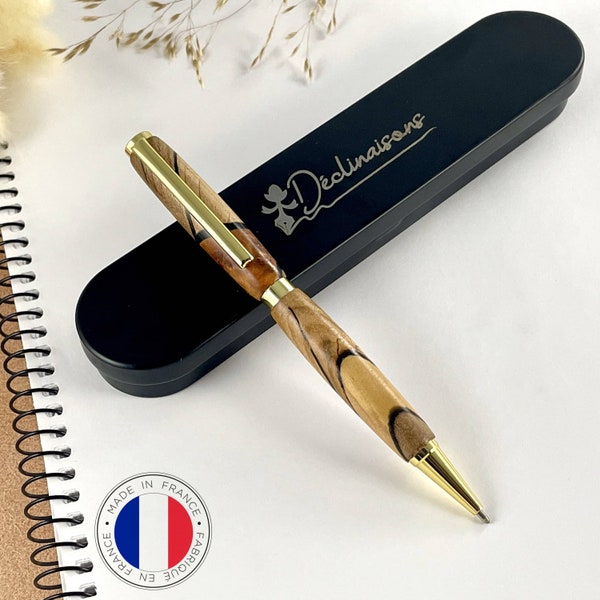 Stylo Personnalisable Bois Précieux et Résine noire, Fabriqué à la Main en France, Personnalisé avec Gravure | Noël, Diplôme, Cadeau fête