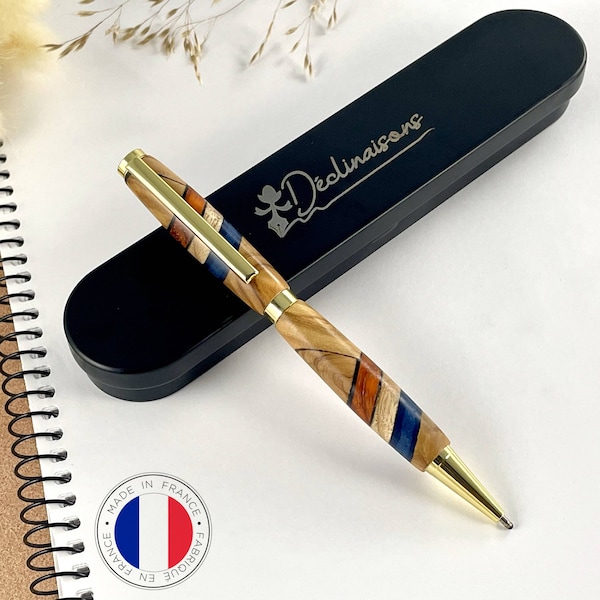 Stylo Personnalisable Bois Tricolore drapeau Français, Fabriqué à la Main en France, Personnalisé avec Gravure | Original, Noël, Fête Pères