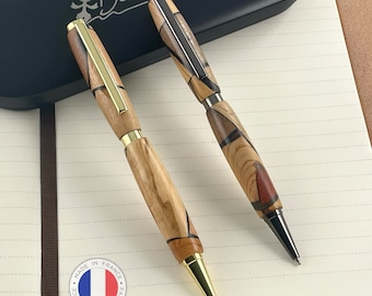 Set mit 2 Stiften aus Edelholz und schwarzem Harz, handgefertigt in Frankreich, personalisiert mit Gravur | Original, Weihnachten, Geburtstag, Diplom