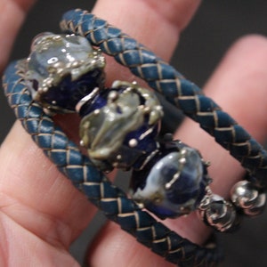 Handmade lamp work beads on 5mm regenerated leather cord with memory wire, 3-wrap stackable bracelet adult Small wrist