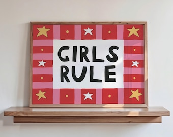 Girls Rule Print, Kids Bedroom Wall Art, Nursery Decor, Girls Room Print