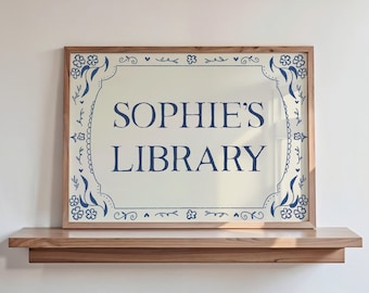 Personalised Library Print, Custom Name Wall Art, Reader Home Decor, Book Poster, Reading Gift