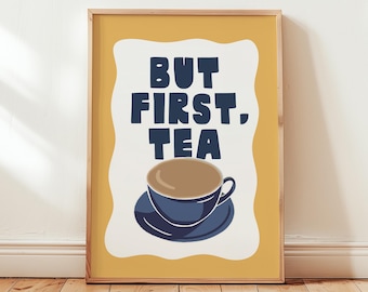 But First Tea Print, Retro Kitchen Prints, Breakfast Wall Art, Hand Drawn Cafe Decor