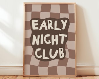 Retro Checkered Bedroom Print, Early Night Club, Trendy Typography Wall Art
