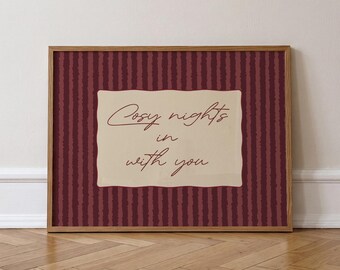 Cosy Nights In Print, Striped Wall Art, Autumn Living Room Decor, Fall Wall Art, Bedroom Quote Prints