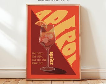 May include: A framed art print featuring an Aperol Spritz cocktail illustration. The artwork has a red and orange color scheme with the word "APEROL" in large yellow letters. The print includes the drink's ingredients and a slice of orange.