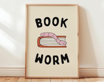 Book Worm Print, Reader Wall Art, Book Prints, Bookish Gift, Library Poster, BookNook Print / Unframed