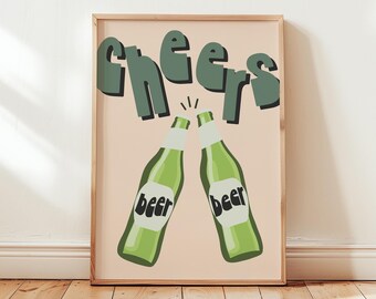 May include: A printable wall art design featuring the word "cheers" in a retro green font with two green beer bottles clinking together. The bottles have the word "beer" printed on them.