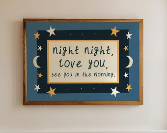 Night Love You Art Print, Kids Bedroom, Nursery Decor, Children's Prints, Illustrated Wall Art