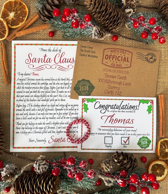 Personalised Letter From Santa - Father Christmas Nice List 2026 - Custom Kids Festive Gift For Son or Daughter