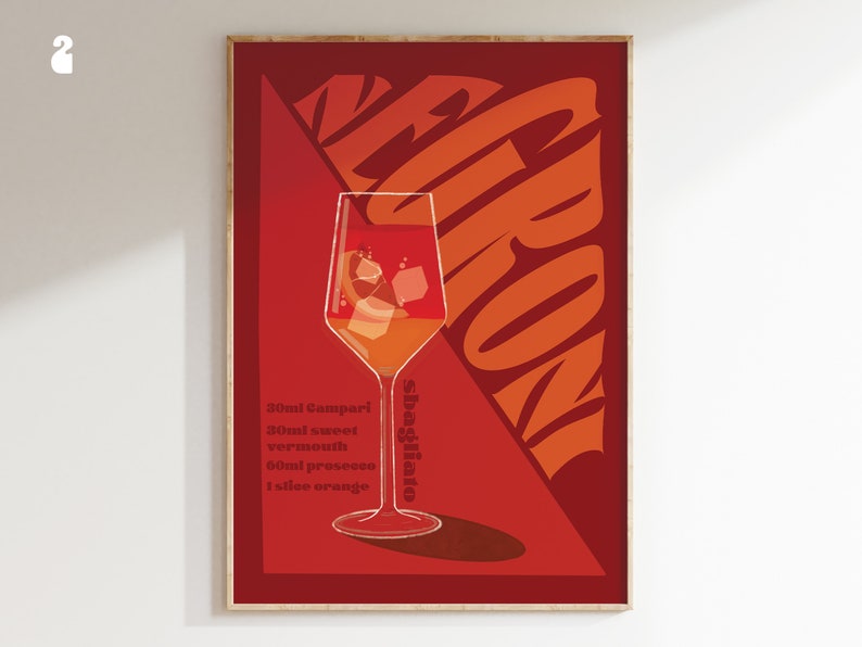 Negroni Sbagliato Cocktailtryck, Retro Heminredning Bar, Köksväggkonst / Oinramad Option 2