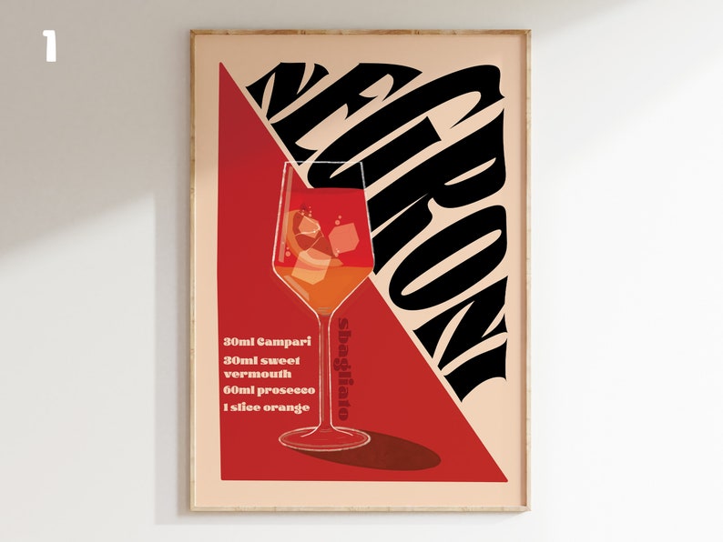Negroni Sbagliato Cocktailtryck, Retro Heminredning Bar, Köksväggkonst / Oinramad Option 1