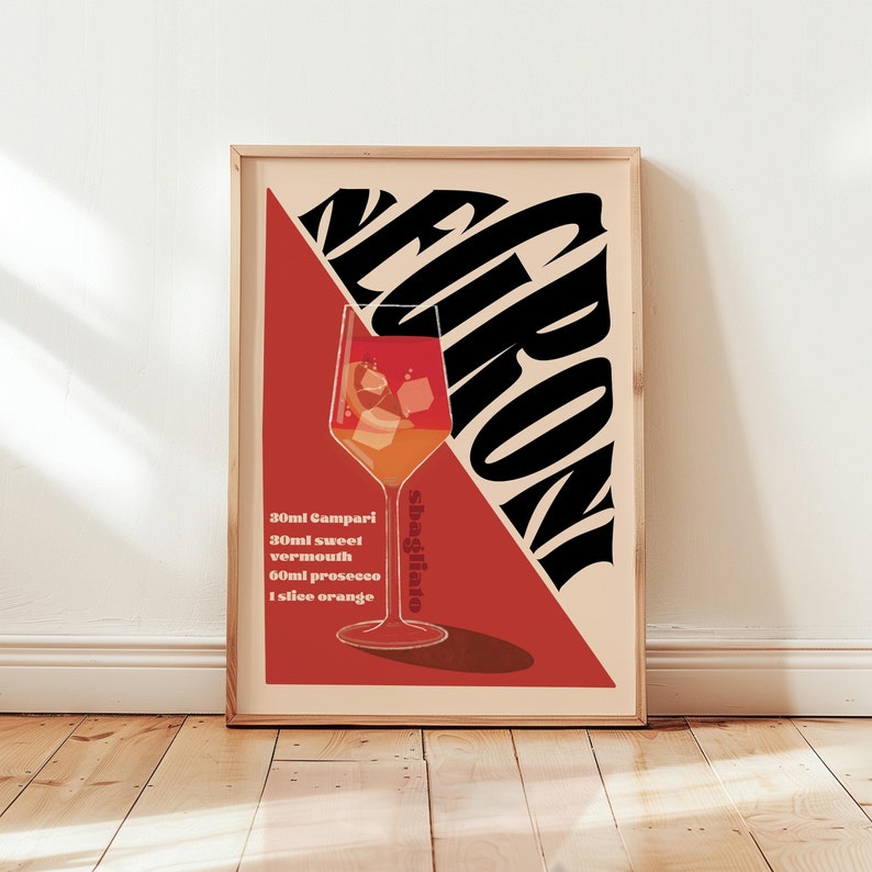Negroni Sbagliato Cocktailtryck, Retro Heminredning Bar, Köksväggkonst / Oinramad bild 1