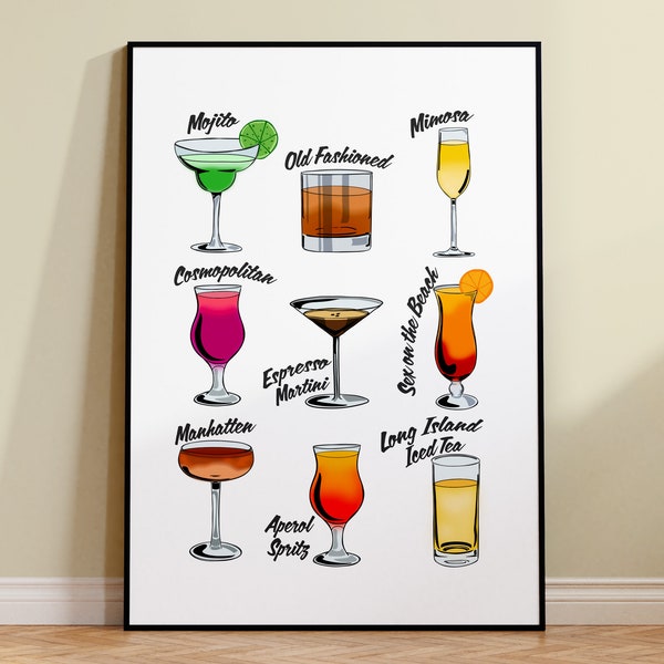 Cocktail Wall Art, Home Bar Print, Alcohol Gift, Cocktail List Menu Bar Sign, Kitchen Wall Art, 4x6/5x7/8x10/A4/A3 Unframed