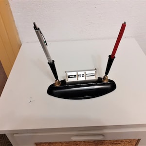 Vintage Perpetual Calendar, Desk Calendar, Black pedestal with two pen holders  60s