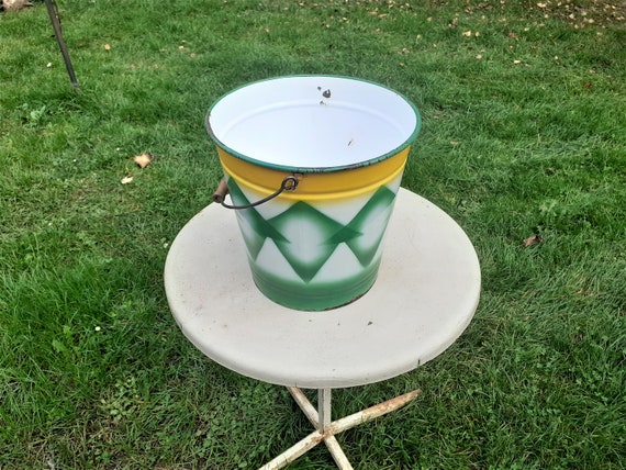 Vintage Enamelware Bucket, Ornamental Green Accent, Yugoslavia