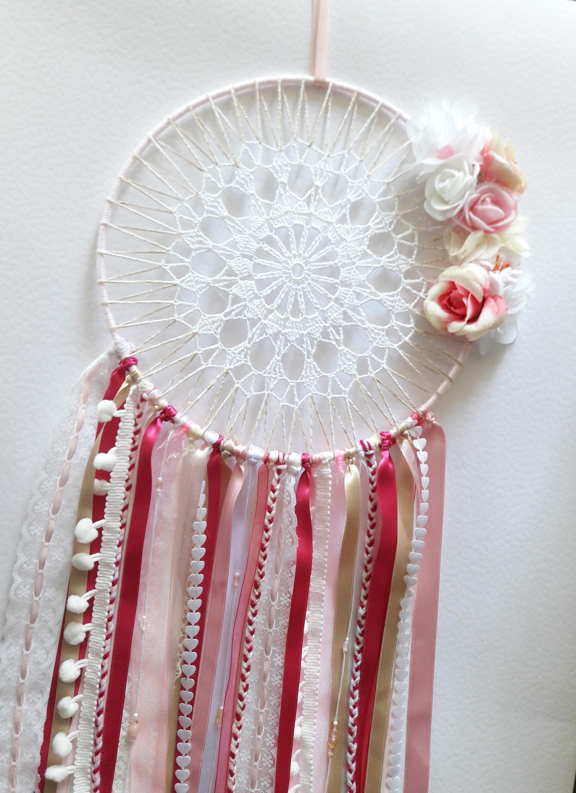 Attrape-Rêves Modèle Xl Blanc, Fuschia, Rose Pale et Beige