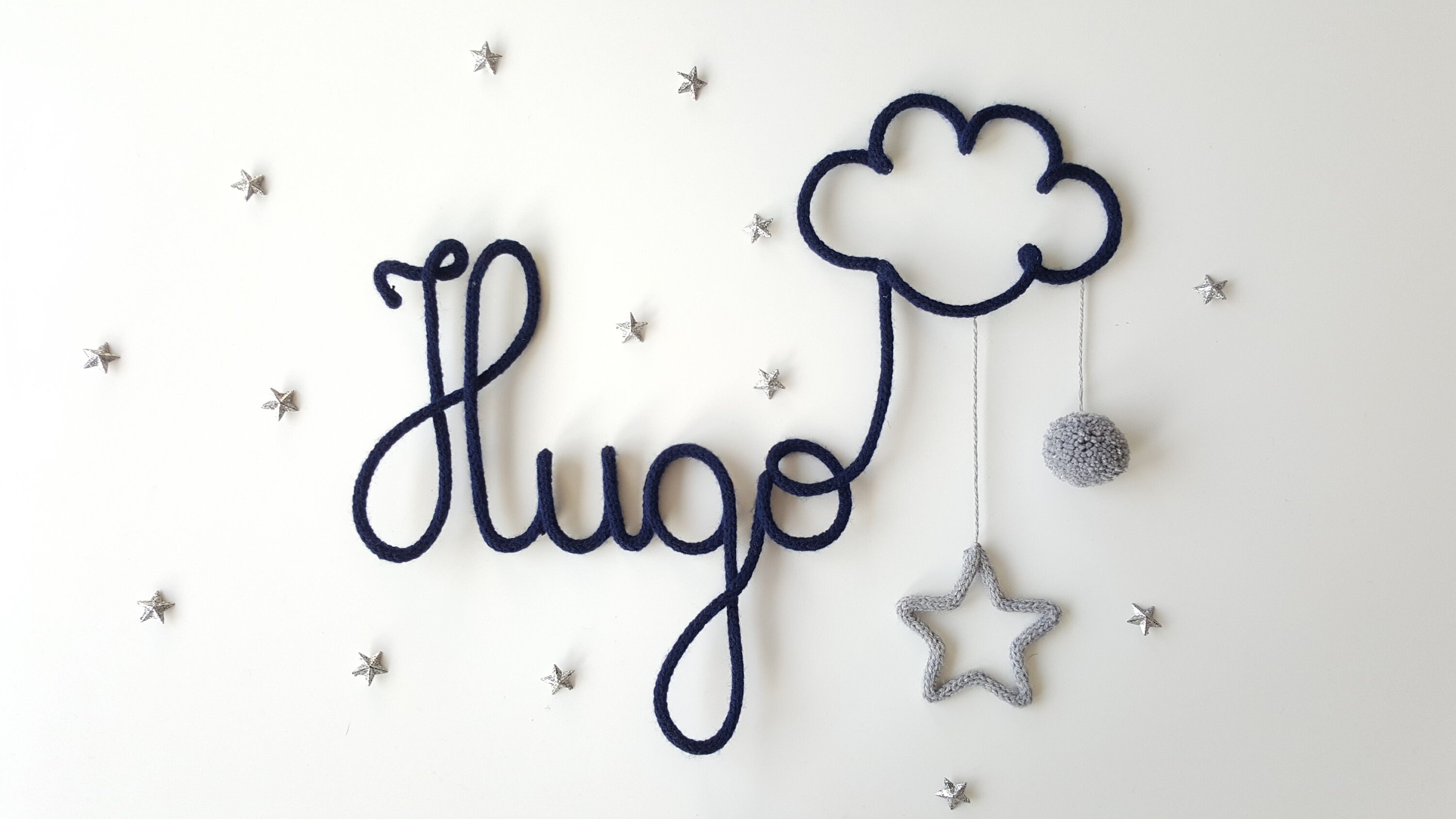 Prénom Tricotin Décor Nuage Étoile et Pompon