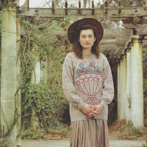 Out-Of-Print Jaeger Knitting Pattern 5977D - Woman&#39;s Intarsia Floral Picture Sweater Jumper Pullover in DK to fit  chest 81-101cm/32-40in.