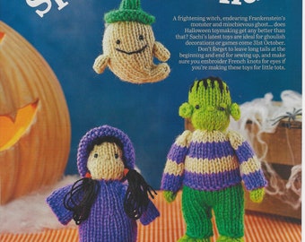 Motif de tricot Spooky Friends Halloween Toys Dolls Décorations: Fantôme, Sorcière, Frankenstein - Pages extraites d’un magazine.