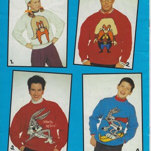 May include: Four knitted jumpers featuring cartoon characters. The jumpers are red, white, blue, and light blue. The characters are Bugs Bunny and Yosemite Sam. The jumpers are available in children's and adult sizes.