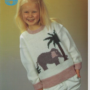 Original Out-Of-Print Sirdar Knitting Pattern 4583: Kids' Sweater Jumper with Elephant Motif to Fit 24-32"