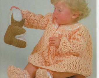 Vintage King Cole Knitting Pattern 2077: Baby Babies Clothes Outfits Lace Dress with Embroidered Yoke and Bootees in DK for Chest 16-22in