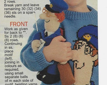 Alan Dart Knitting Pattern for a Postman Pat Toy Doll and Picture Jumper Sweater in DK - Pages Extracted from Woman's Weekly Magazine