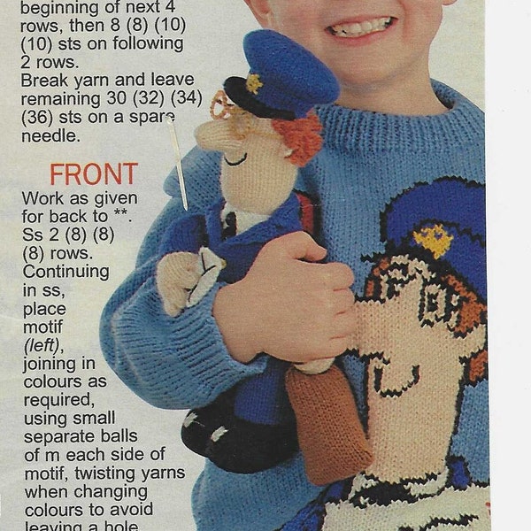 Alan Dart Knitting Pattern for a Postman Pat Toy Doll and Picture Jumper Sweater in DK - Pages Extracted from Woman's Weekly Magazine