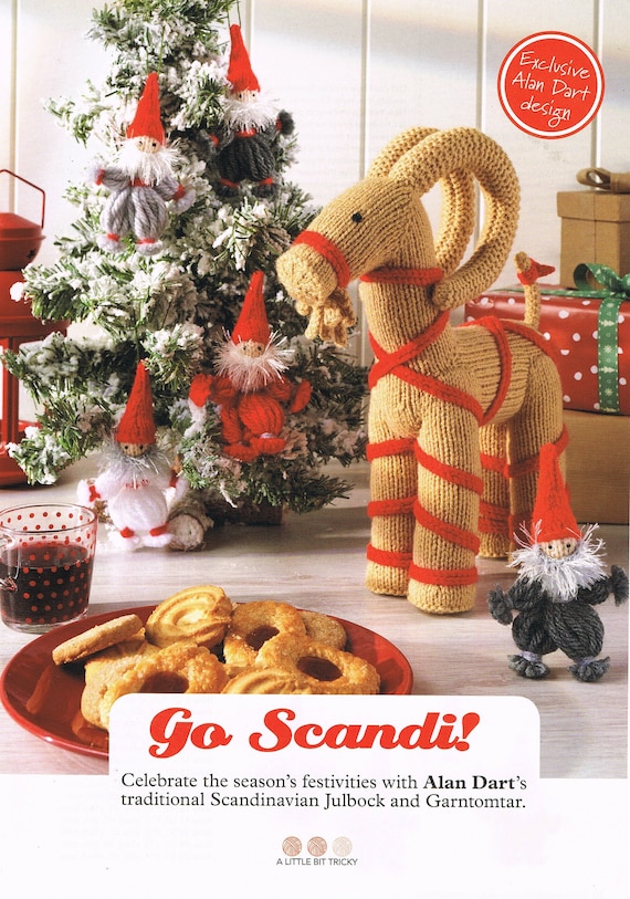 Alan Dart Knitting Pattern, Go Scandi: Christmas Julbock Garntomtar (Toy Decoration). Pages from Simply Knitting Magazine.