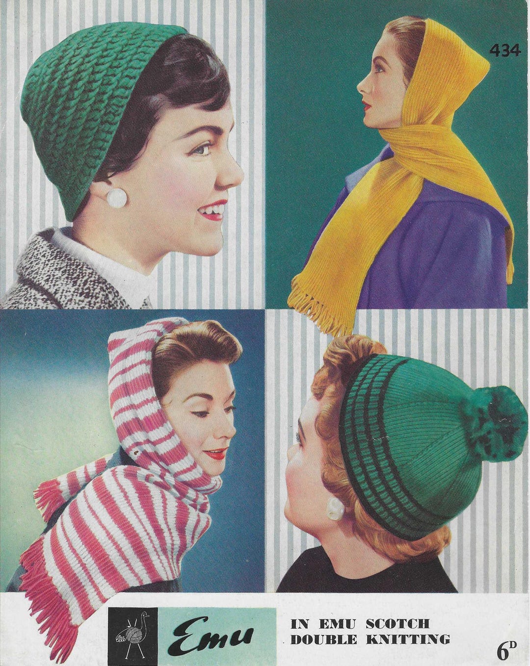 Original Vintage Emu Knitting Pattern Leaflet 434 - Women's Hats ...