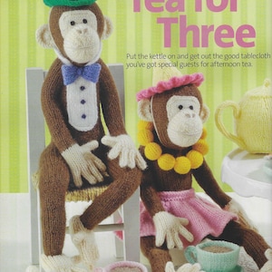 Alan Dart Knitting Pattern, Tea For Three (Parts 1 and 2 Combined): Chimps Tea Party Toys (Dolls, Food, Tea Set). Pages from Simply Knitting