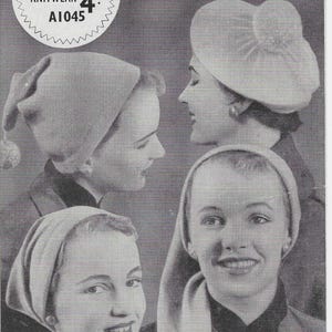 May include: A vintage black and white advert showing women wearing knitted hats and scarves. The text reads "POM-PON HATS JELLY BAG and SCARF" with additional hat styles listed. A circular logo reads "WELDONS KNITWEAR A1045".