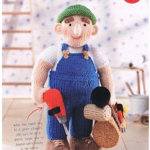 May include: Knitted toy of a friendly handyman wearing a green hat, blue overalls, and holding a tool belt and a drill. The toy is made to look like a person and is a great gift for Father's Day or a special thank you.