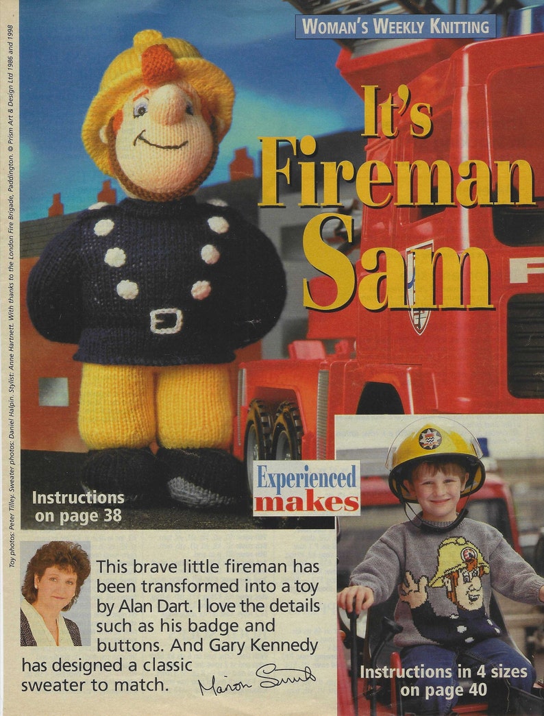 Alan Dart Knitting Pattern for a Fireman Sam Toy Doll and Picture Jumper Sweater in DK Pages Extracted from Woman's Weekly Magazine image 1