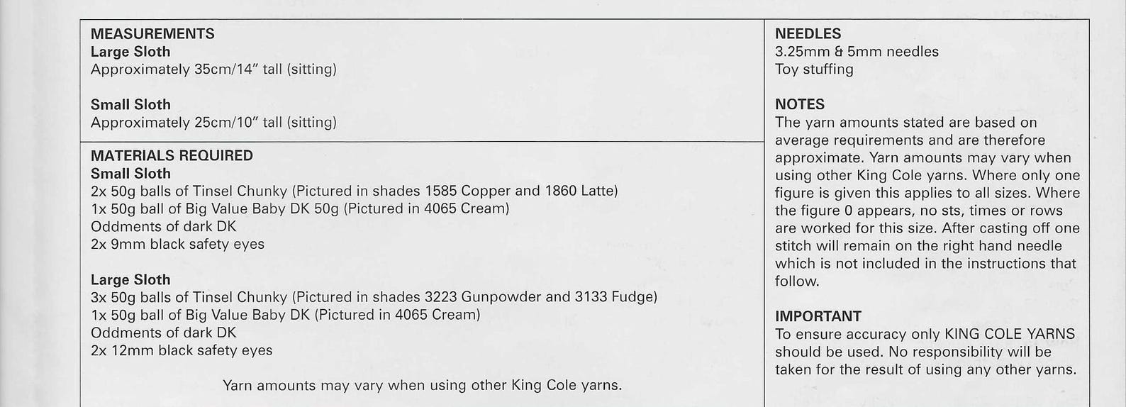 Pre-owned King Cole Knitting Pattern 9138: Sloth Toys in Tinsel Chunky ...