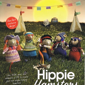 May include: Five knitted hippie hamsters, each with a different personality and outfit, are gathered around a campfire. The hamsters are wearing colourful clothing and accessories, including peace signs, flowers, and bandanas. The text "Hippie Hamsters" is written in large letters below the hamsters.