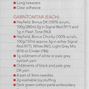 May include: A white paper with a list of materials needed for knitting projects. The text includes yarn types, needle sizes, and other supplies. The Julbock is 11.5 inches tall and the Garntomtar are 5 inches tall.