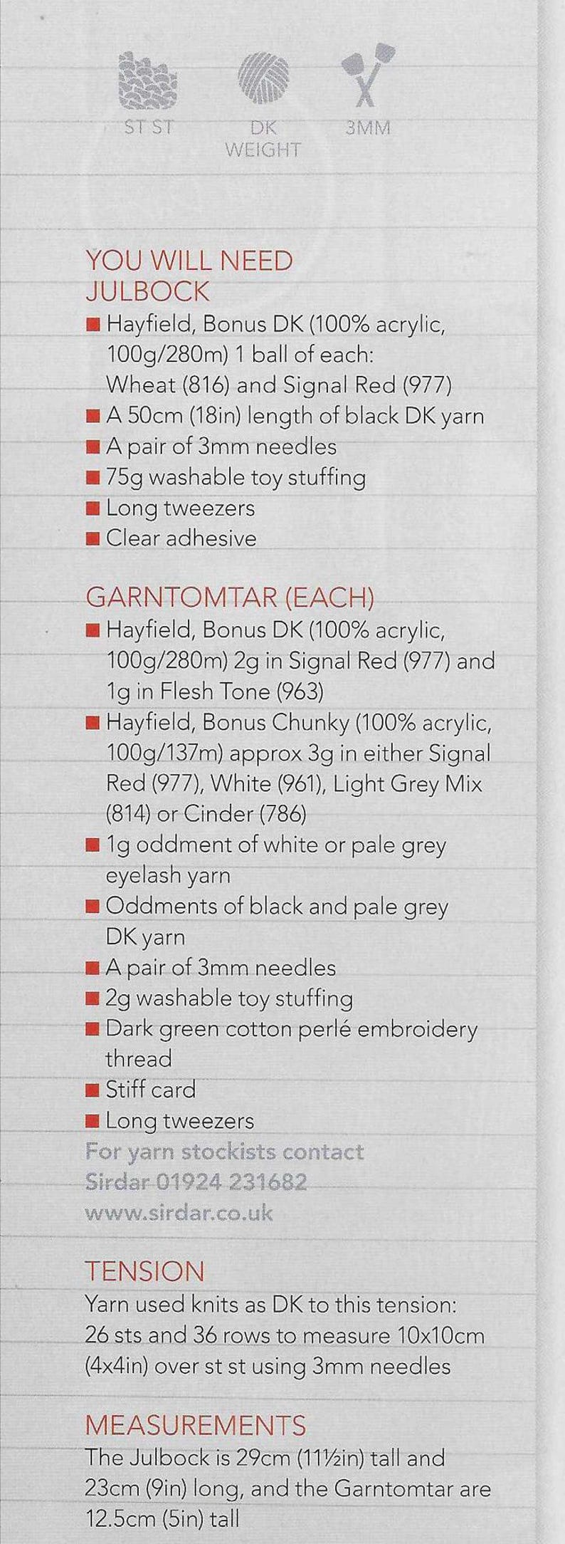 May include: A white paper with a list of materials needed for knitting projects. The text includes yarn types, needle sizes, and other supplies. The Julbock is 11.5 inches tall and the Garntomtar are 5 inches tall.