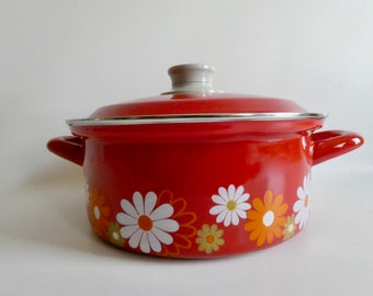 Enamel pot from the 70s - Vintage pot with lid - Red enamelled pot - 1970 cooking pot -