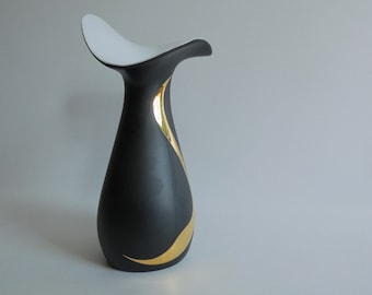 Vase von der Porzellan Fabrik Königlich privilegiert Tettau Bavaria Design Bisquitporzellan Schwarz Gold vergoldet - 80er Jahren Op Art