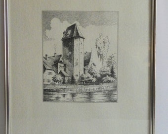 Vintage Bild mit Stadt Turm aus den 60er Jahren - Bild gerahmt
