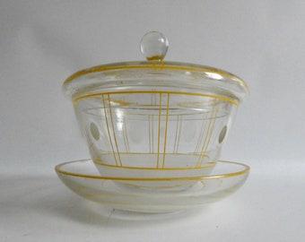 Vintage Glasdose und Teller aus den 50er Jahren - Handbemalt - Glasschale mit Deckel - Zuckerdose - Bonboniere - Art-déco Schmuck Dose