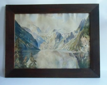Vintage watercolor picture by Schönian - rare find - watercolor landscape painting - lake and mountains painting - framed behind glass