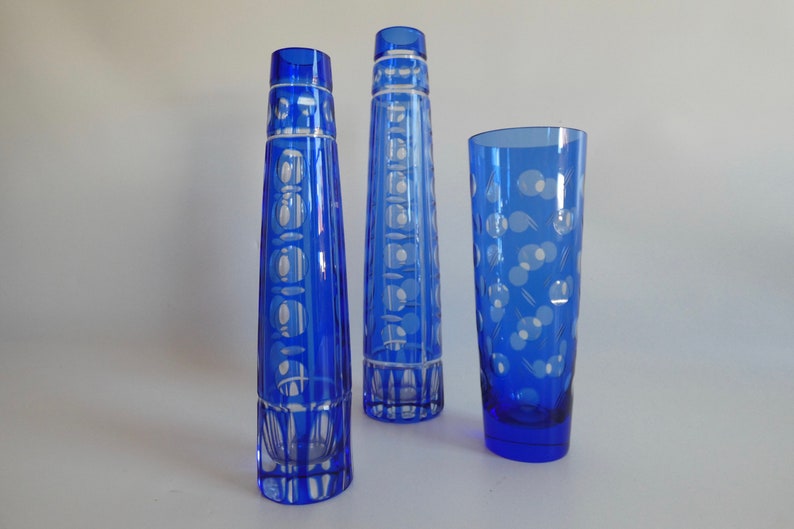 Elegant crystal vase by Friedrich Glas olive cut vintage glass vase blue RESIN CRYSTAL design flower vase image 2