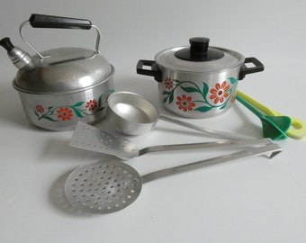 Vintage doll dishes kitchen accessories for doll kitchen - pot pan with lid made of aluminum toy dollhouse gift children