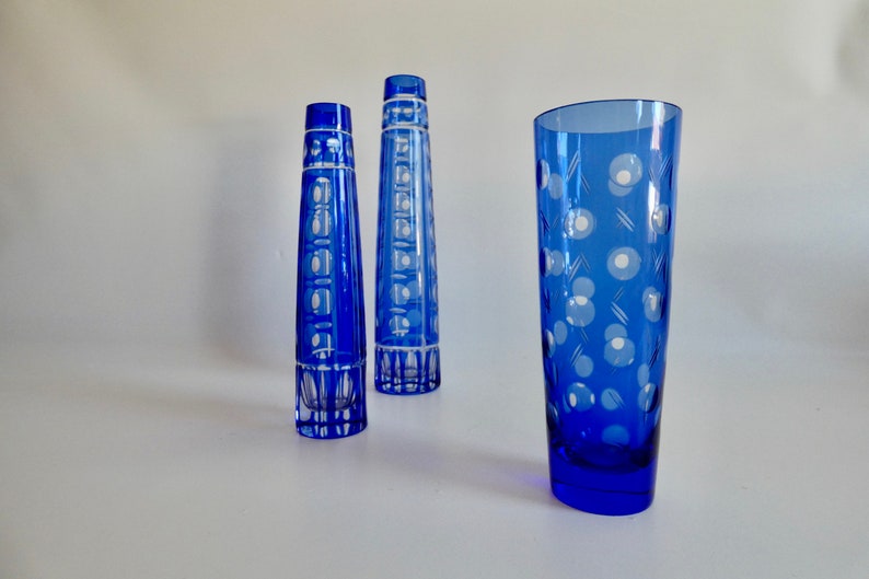 Elegant crystal vase by Friedrich Glas olive cut vintage glass vase blue RESIN CRYSTAL design flower vase image 3