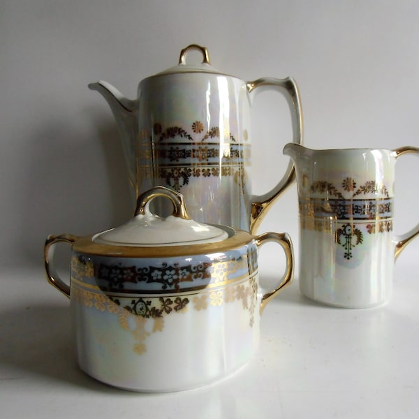 Jugendstil Lüstriertes Porzellan Bavaria -Set aus Kaffeekanne Zuckerdose Milchkännchen - Tee Kanne Sahne Kännchen - Omas Aussteuerporzellan