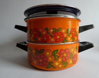 2 Emaille Töpfe aus den 70er Jahren NEU - Vintage Topf mit Deckel - Topf orange emailliert - 1970 Kochtopf - Geschenk